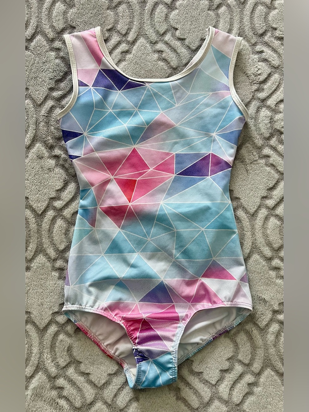 GK Elite Girls Size 8 Gymnastics Leotard Geometric Pink Blue Purple Open Back